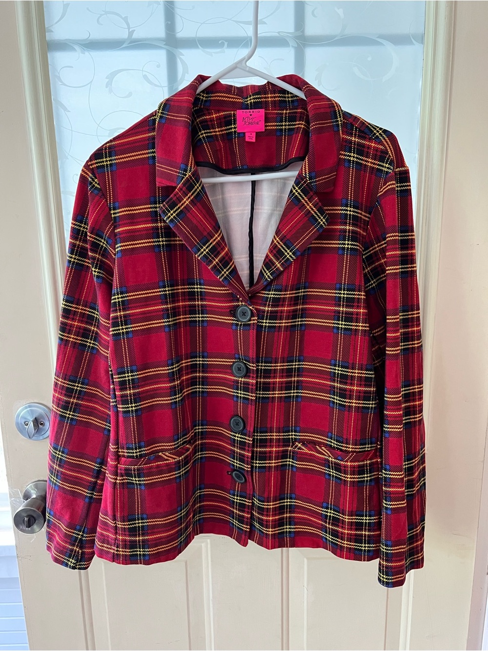 Torrid x Betsey Johnson Red Plaid Ponte stretch knit blazer four button closure.